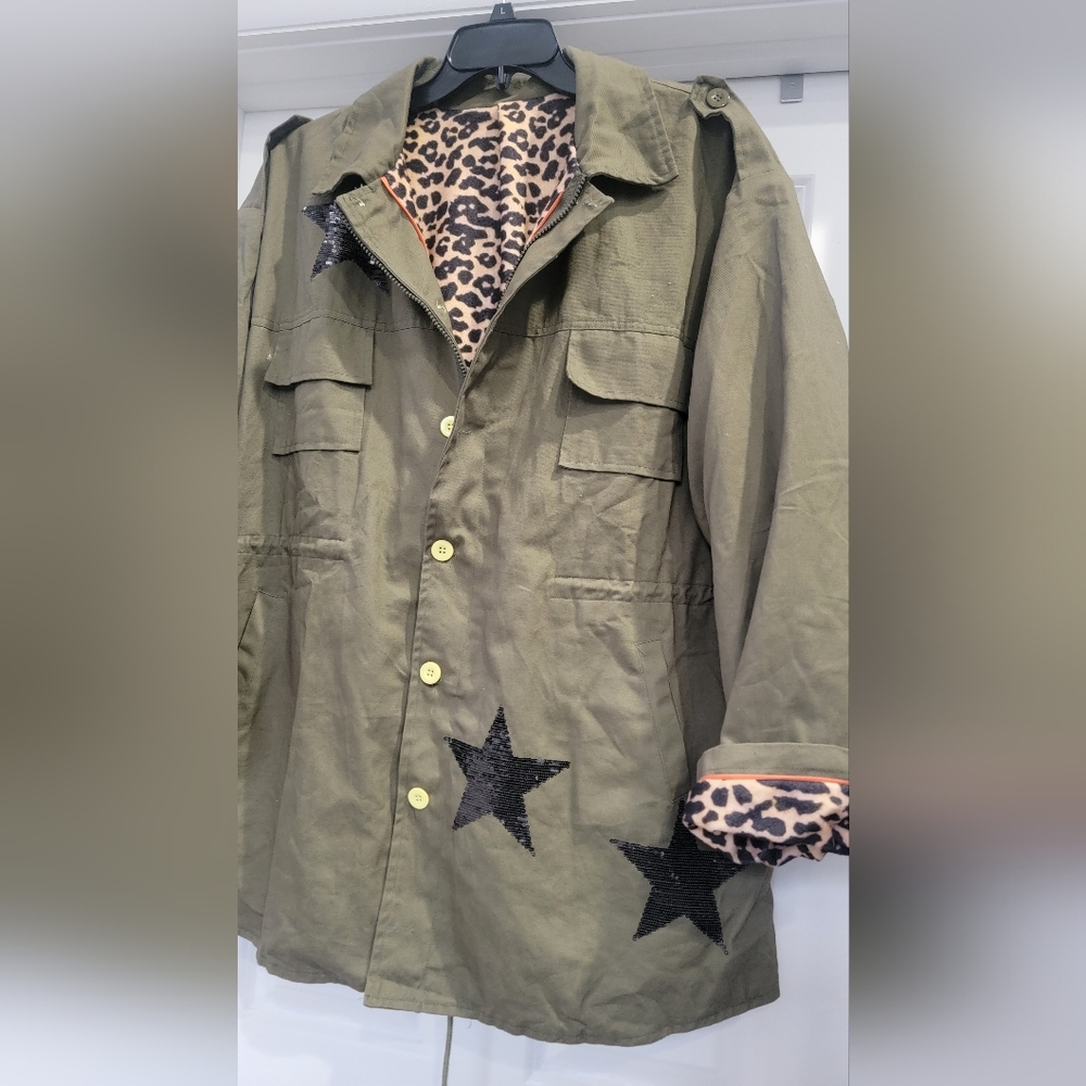 "Not For You" sequin khaki star women's utility Jacket with leopard lining 3XL - Picture 3 of 7
